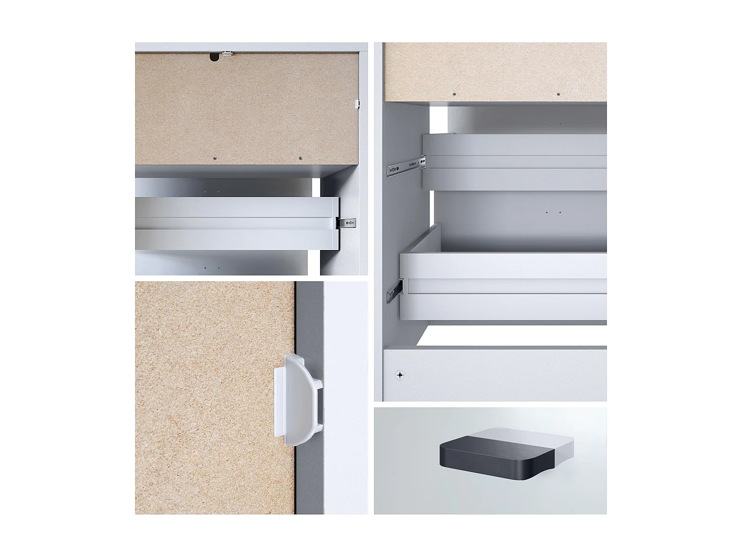 Cassettiera Pino V1, Comodino con 2 cassetti e 1 vano a giorno, Bianco opaco/Ossido di cemento senza LED (56 x 67,5 x 36 cm)