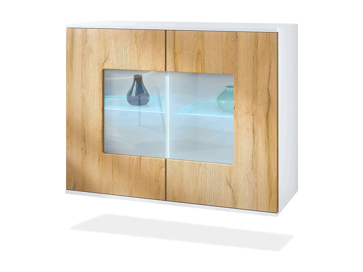 Commode Grömitz V3, Armoire de cuisine moderne avec 2 grandes portes vitrées incl. éclairage RGB blanc mat / chêne nature (92,5 x 73.5 x 35)