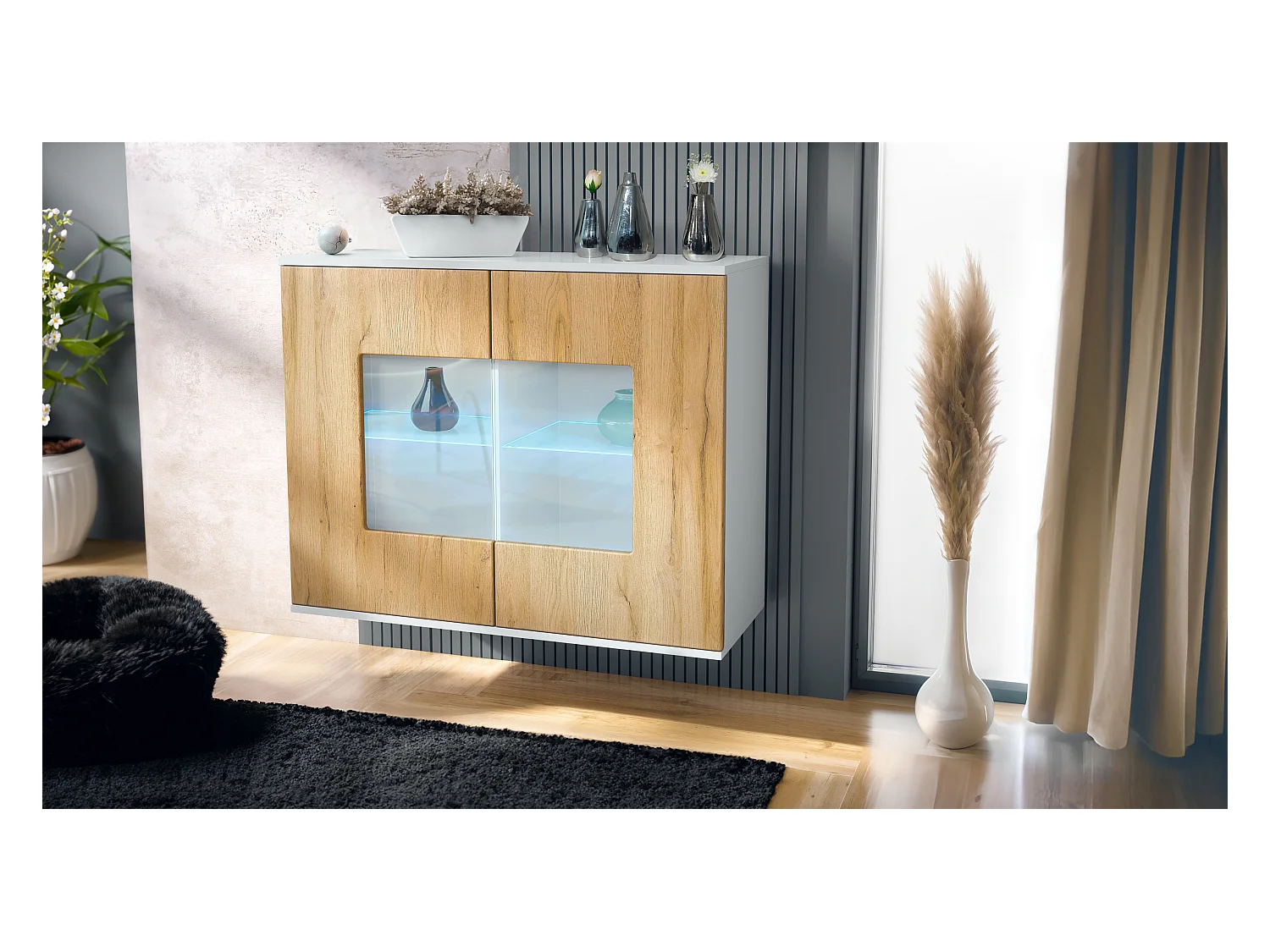 Commode Grömitz V3, Armoire de cuisine moderne avec 2 grandes portes vitrées incl. éclairage RGB blanc mat / chêne nature (92,5 x 73.5 x 35)