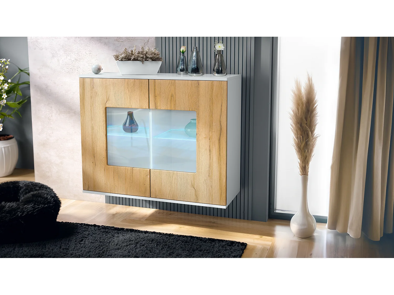 Cómoda Grömitz V3, Moderno armario de cocina con 2 grandes puertas de cristal incl. iluminación RGB blanco mate / roble natural (92,5 x 73.5 x 35)