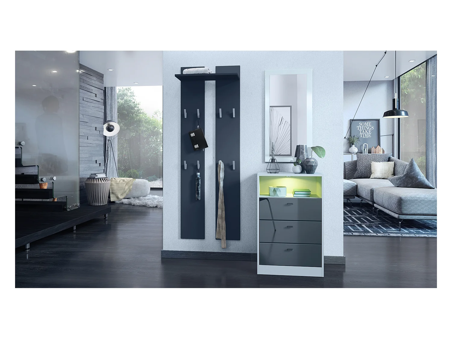 Ensemble de vestiaires Pino V2, 2 Panneaux muraux 140 cm et buffet avec 2 tiroirs & 1 compartiment ouvert, blanc mat/gris haute brillance (56 x 67,5 x 36 cm)