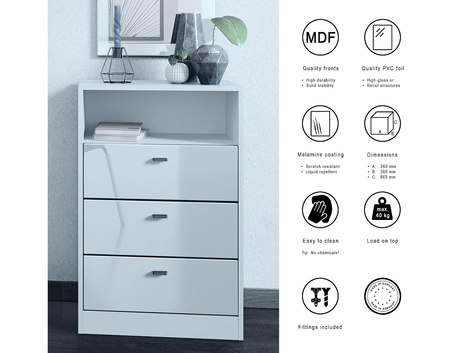 Ensemble de vestiaires Pino V2, 2 Panneaux muraux 140 cm et buffet avec 2 tiroirs & 1 compartiment ouvert, blanc mat/gris haute brillance (56 x 67,5 x 36 cm)