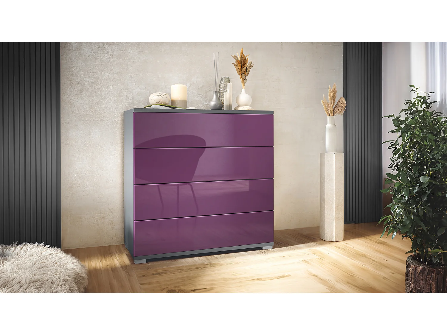 Vladon Cassettiera Pavos V3, Credenza con 4 cassetti antracite opaco /violetto porpora lucido (76 x 76 x 35 cm)