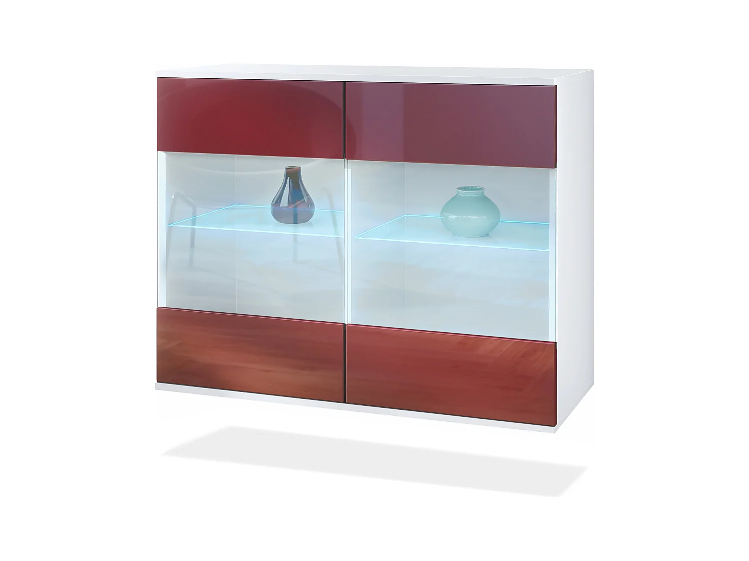 Commode Bari V3, Armoire de cuisine moderne avec 2 grandes portes vitrées incl. éclairage RGB blanc mat / bordeaux haute brillance (92,5 x 73.5 x 35)