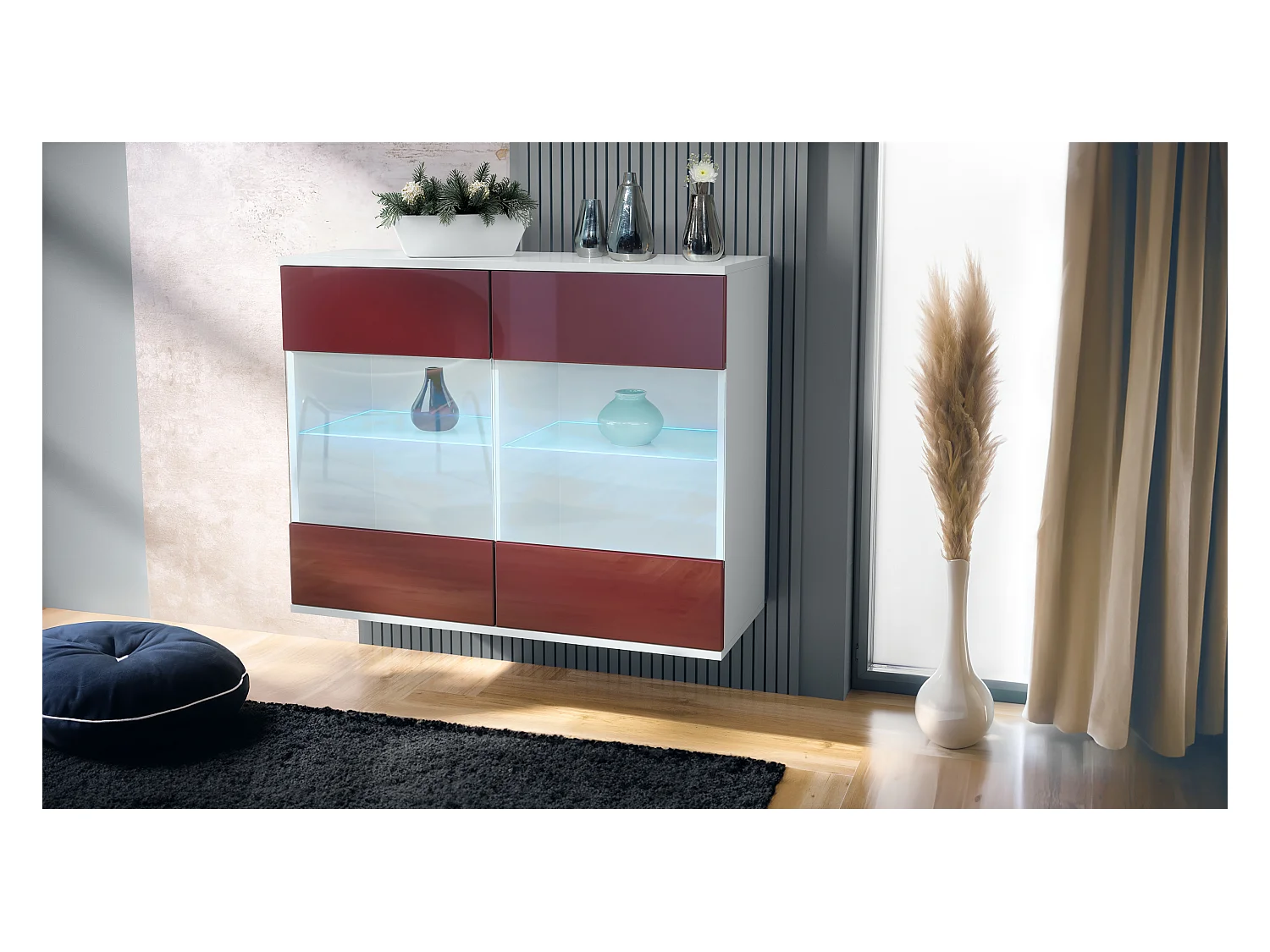 Commode Bari V3, Armoire de cuisine moderne avec 2 grandes portes vitrées incl. éclairage RGB blanc mat / bordeaux haute brillance (92,5 x 73.5 x 35)