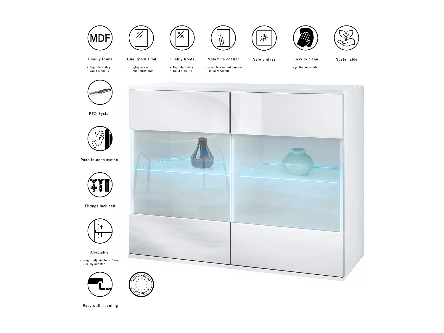 Cómoda Bari V3, Moderno armario de cocina con 2 grandes puertas de cristal incl. iluminación RGB blanco mate / burdeos de alto brillo (92,5 x 73.5 x 35)
