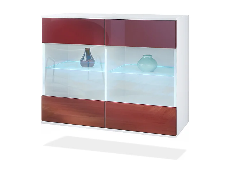Commode Bari V3, Armoire de cuisine moderne avec 2 grandes portes vitrées incl. éclairage RGB blanc mat / bordeaux haute brillance (92,5 x 73.5 x 35)