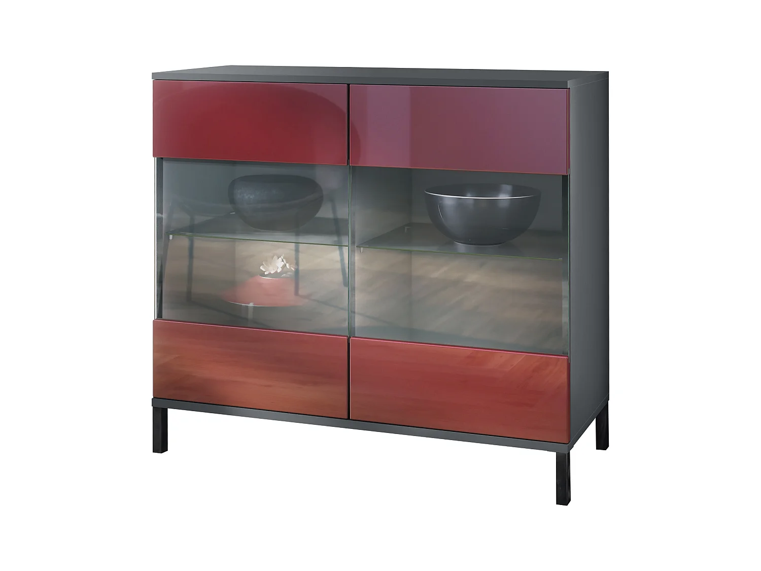 Commode Bari V3, Armoire de cuisine moderne avec 2 grandes portes vitrées anthracite mat / bordeaux haute brillance (92,5 x 83.5 x 35)