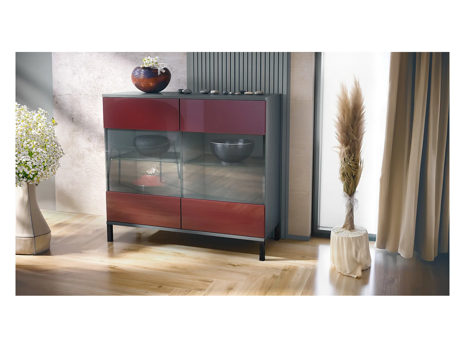 Commode Bari V3, Armoire de cuisine moderne avec 2 grandes portes vitrées anthracite mat / bordeaux haute brillance (92,5 x 83.5 x 35)