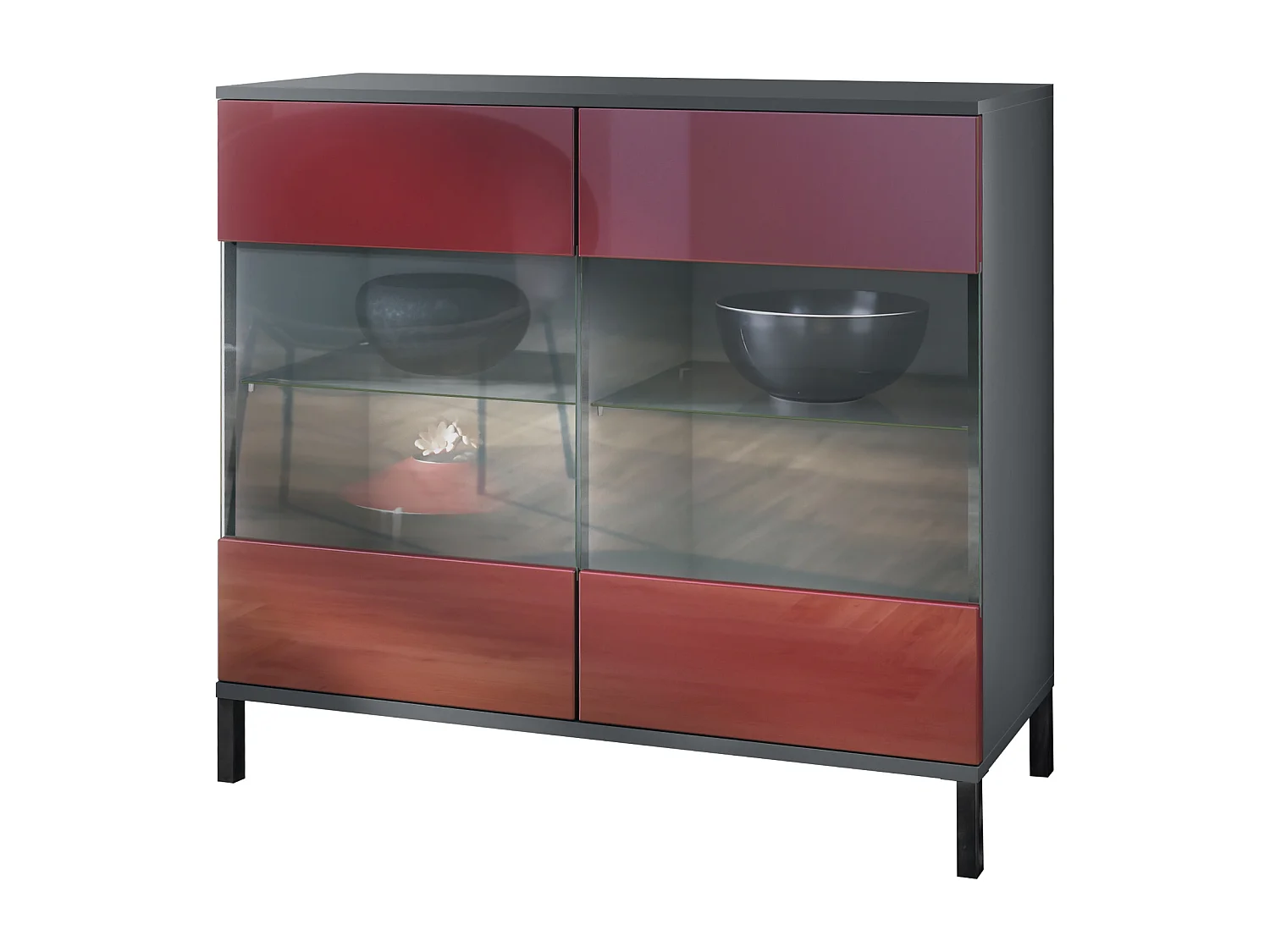 Commode Bari V3, Armoire de cuisine moderne avec 2 grandes portes vitrées anthracite mat / bordeaux haute brillance (92,5 x 83.5 x 35)