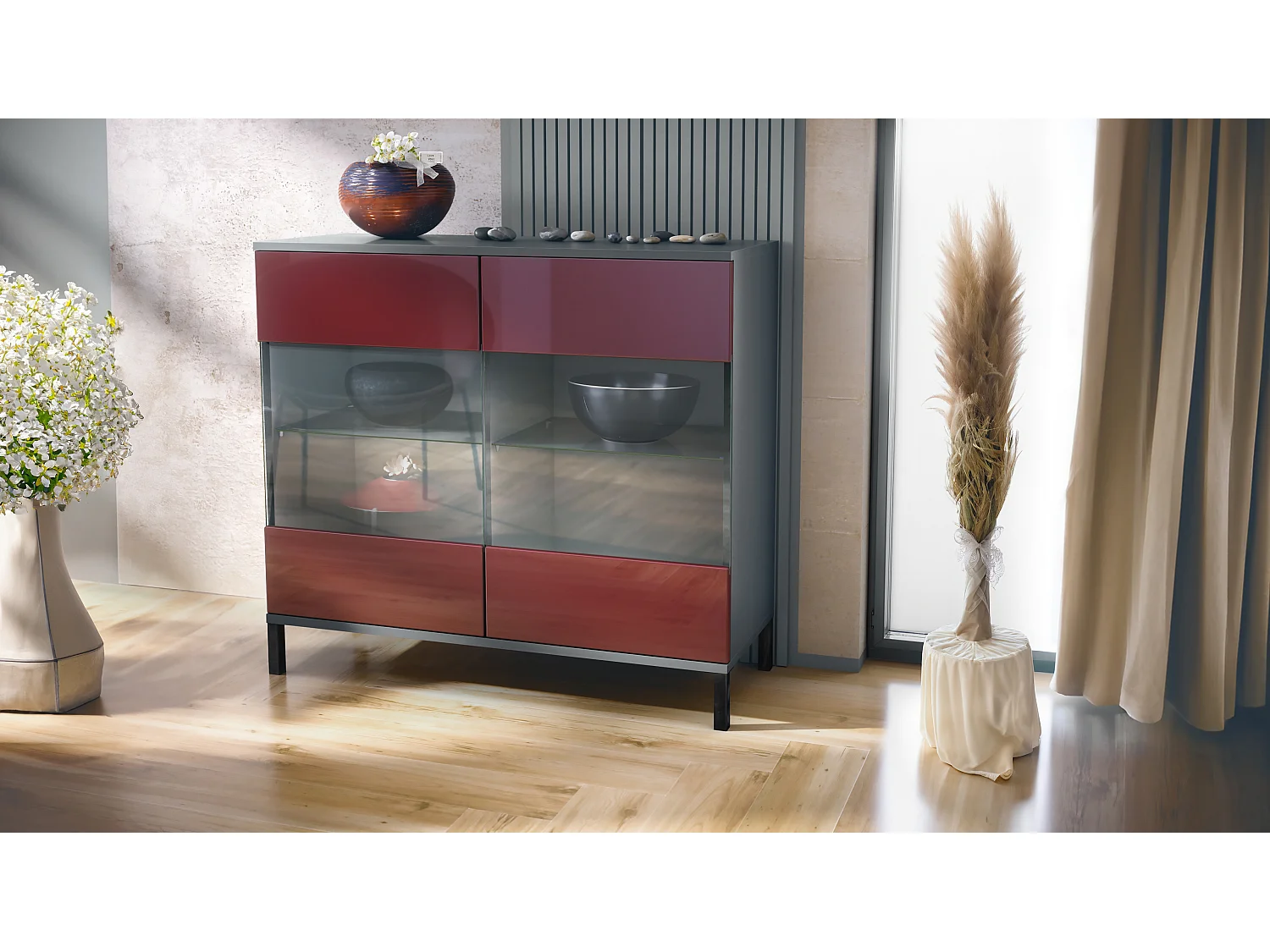 Commode Bari V3, Armoire de cuisine moderne avec 2 grandes portes vitrées anthracite mat / bordeaux haute brillance (92,5 x 83.5 x 35)