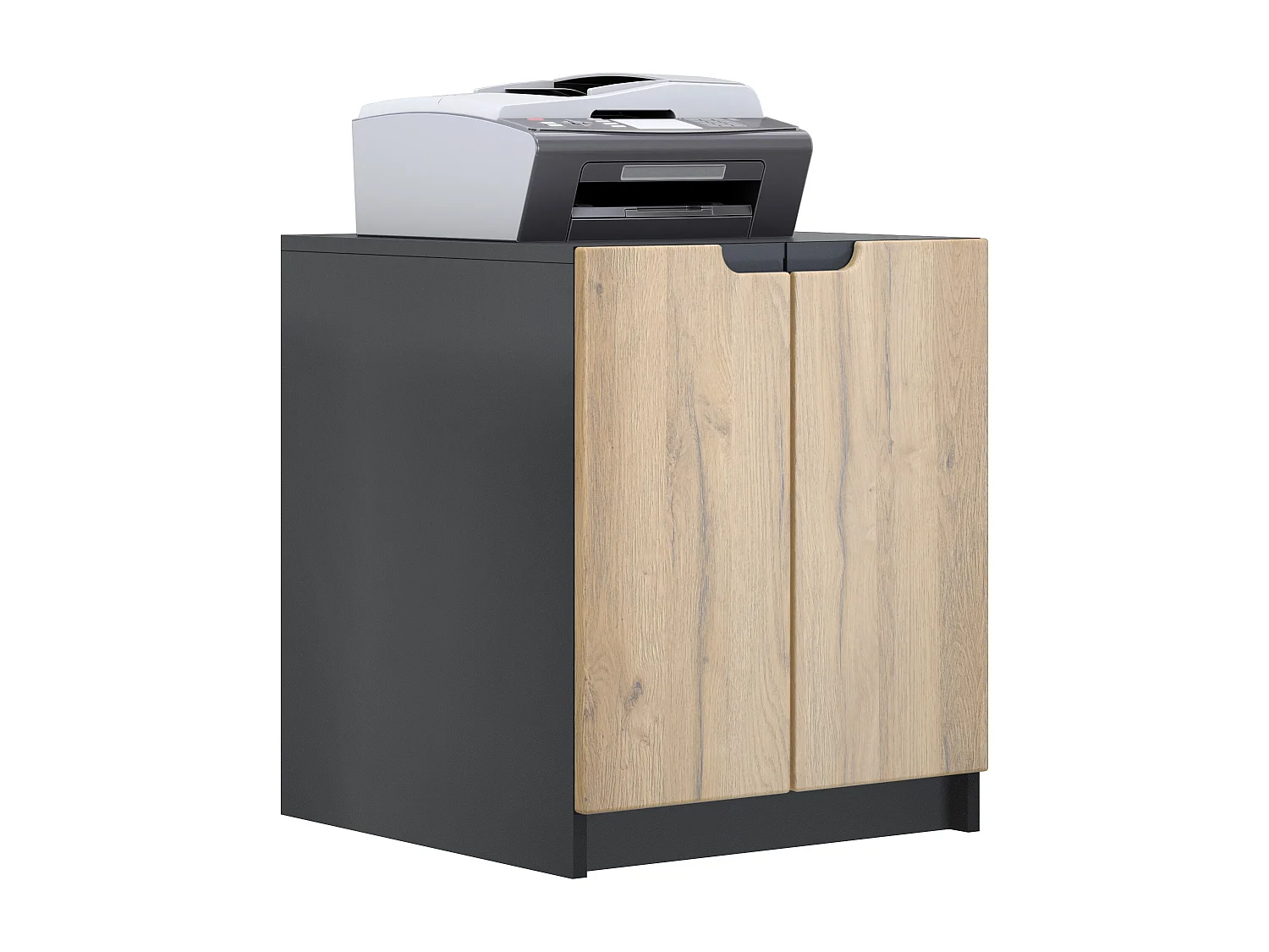 commode d'imprimante Logan, armoire à dossiers avec 2 compartiments et 2 portes, corps noir mat, façades chêne nature, (51 x 60,5 x 54 cm)