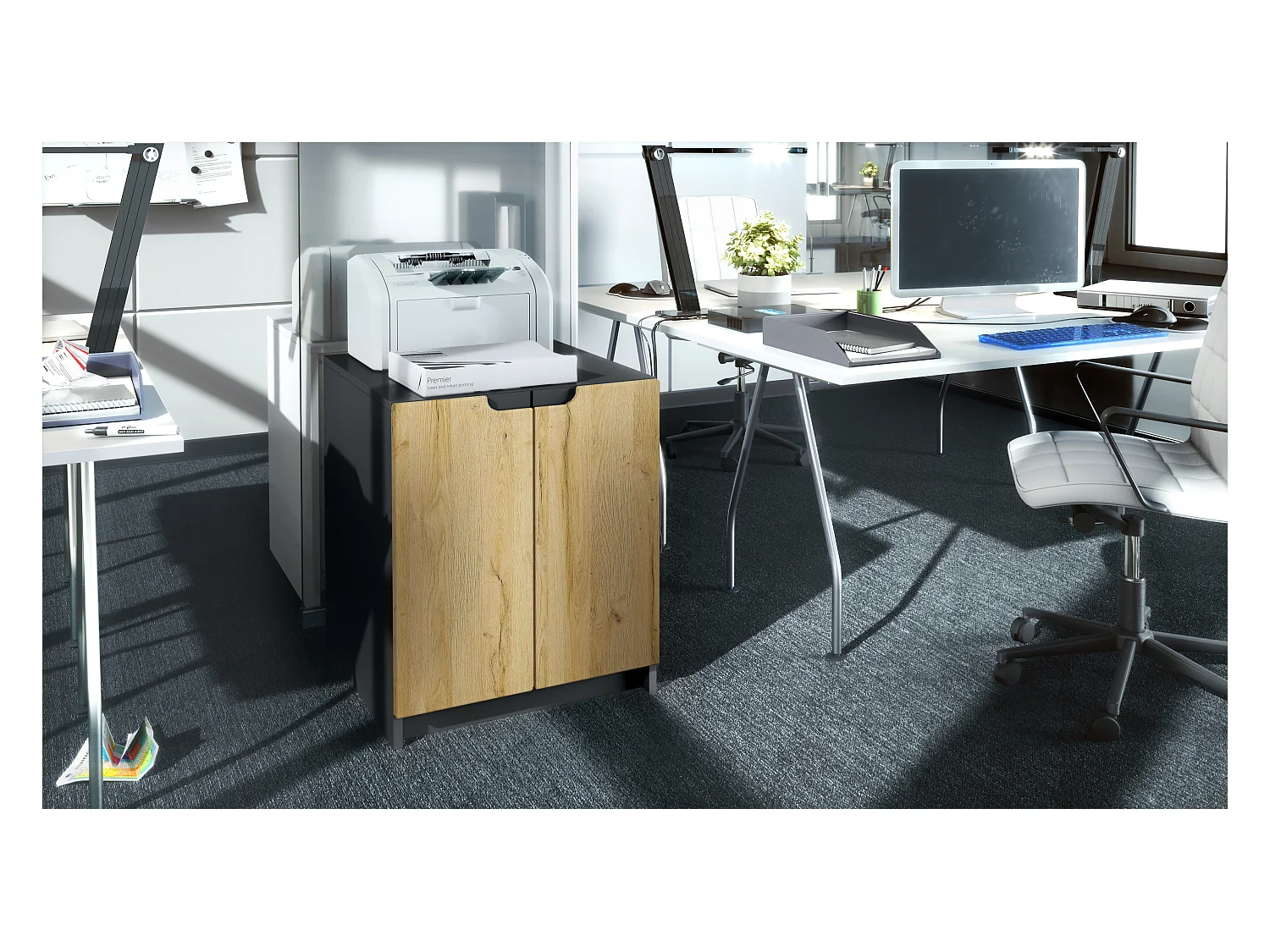 commode d'imprimante Logan, armoire à dossiers avec 2 compartiments et 2 portes, corps noir mat, façades chêne nature, (51 x 60,5 x 54 cm)