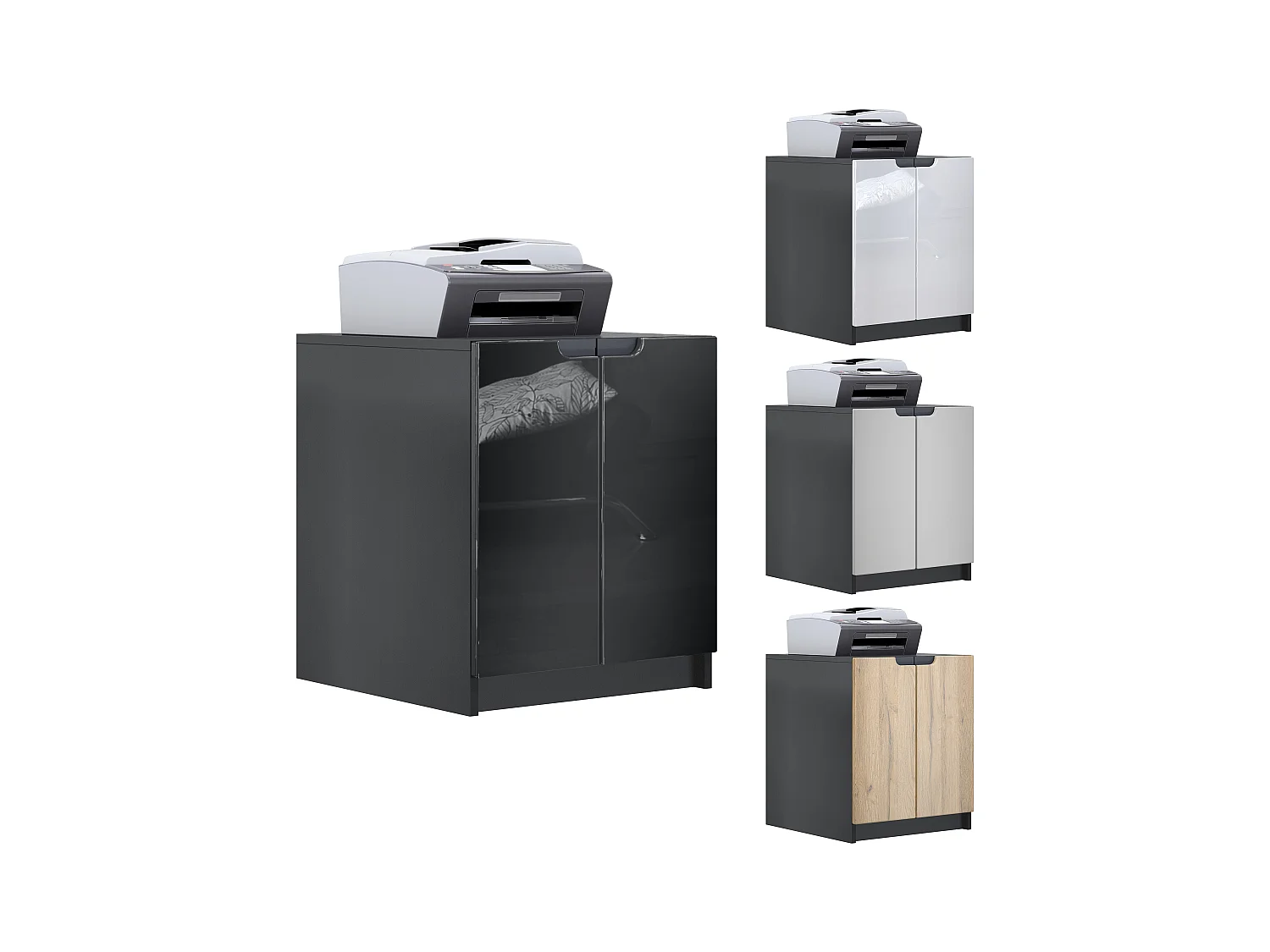 commode d'imprimante Logan, armoire à dossiers avec 2 compartiments et 2 portes, corps noir mat, façades chêne nature, (51 x 60,5 x 54 cm)