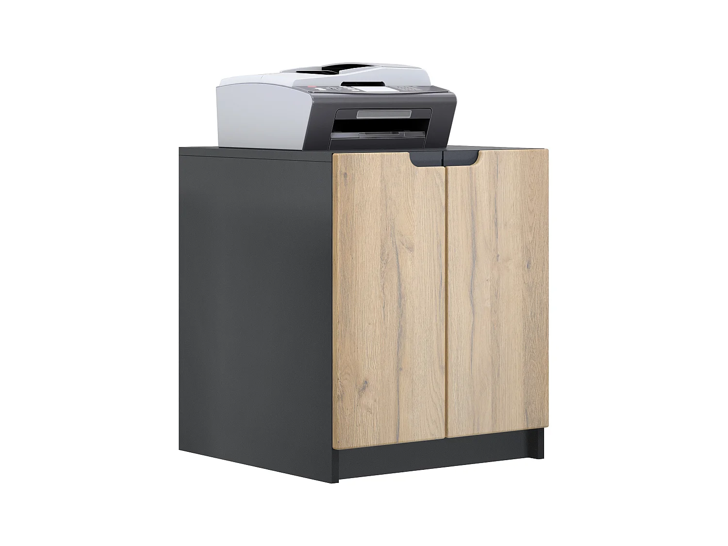 commode d'imprimante Logan, armoire à dossiers avec 2 compartiments et 2 portes, corps noir mat, façades chêne nature, (51 x 60,5 x 54 cm)