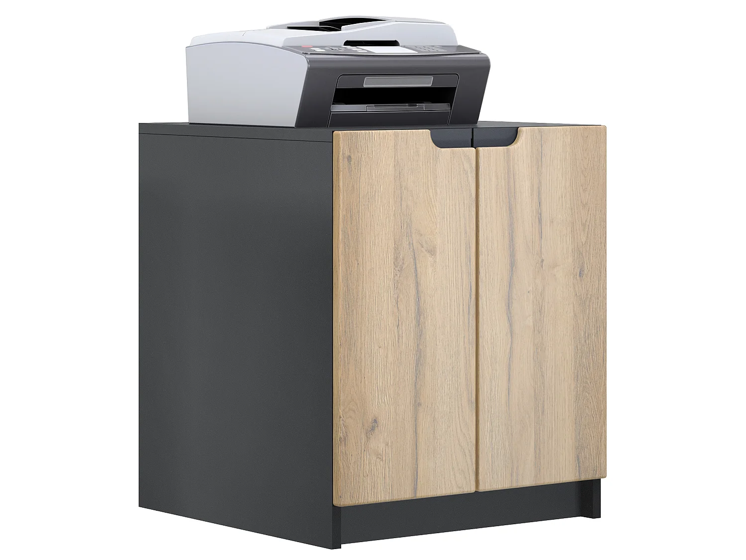 Mobiletto porta stampante Logan, armadietto schedario con 2 scomparti e 2 ante, cassa nero opaco, frontali rovere naturale, (51 x 60,5 x 54 cm)