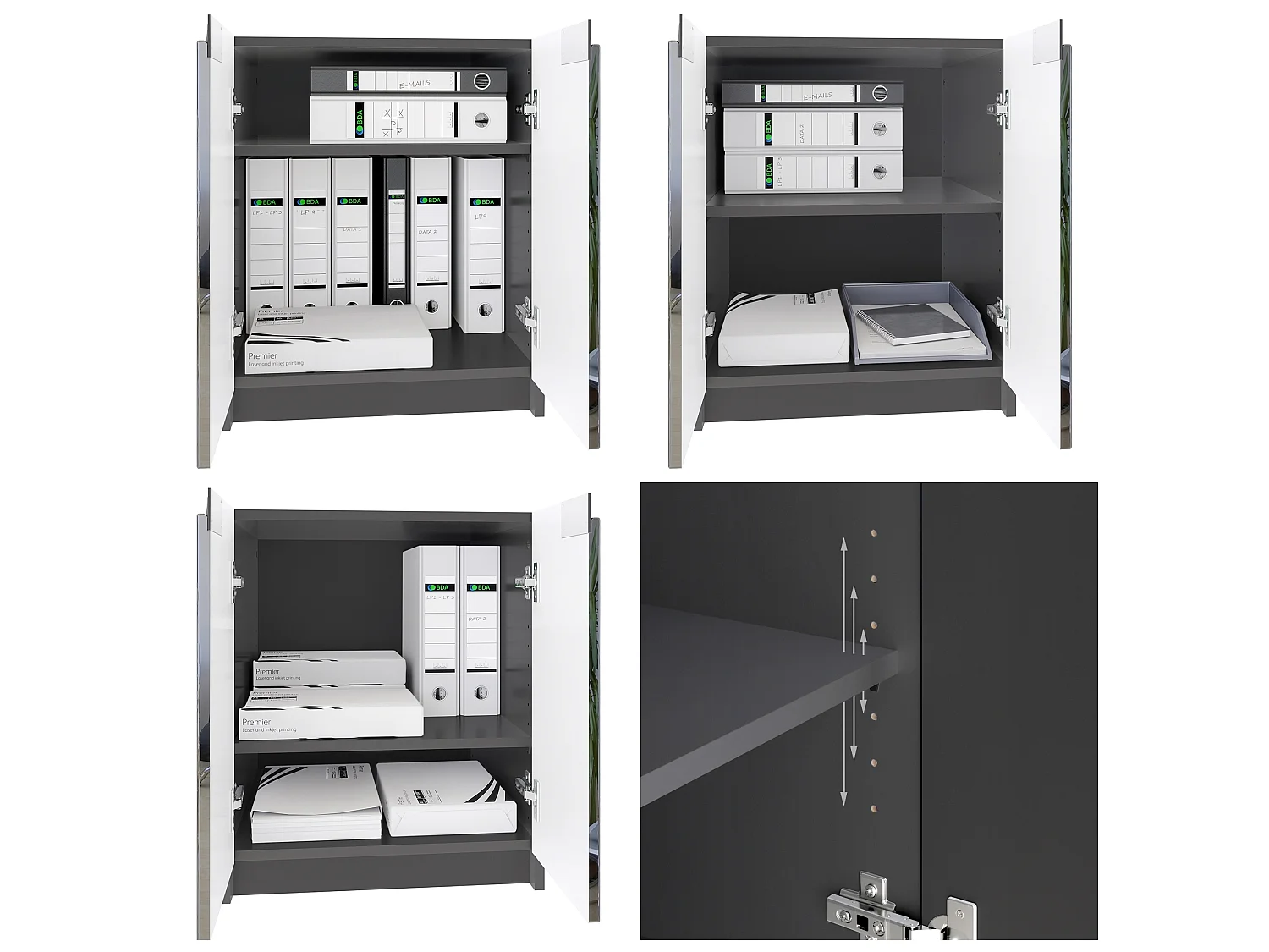 Mobiletto porta stampante Logan, armadietto schedario con 2 scomparti e 2 ante, cassa nero opaco, frontali rovere naturale, (51 x 60,5 x 54 cm)