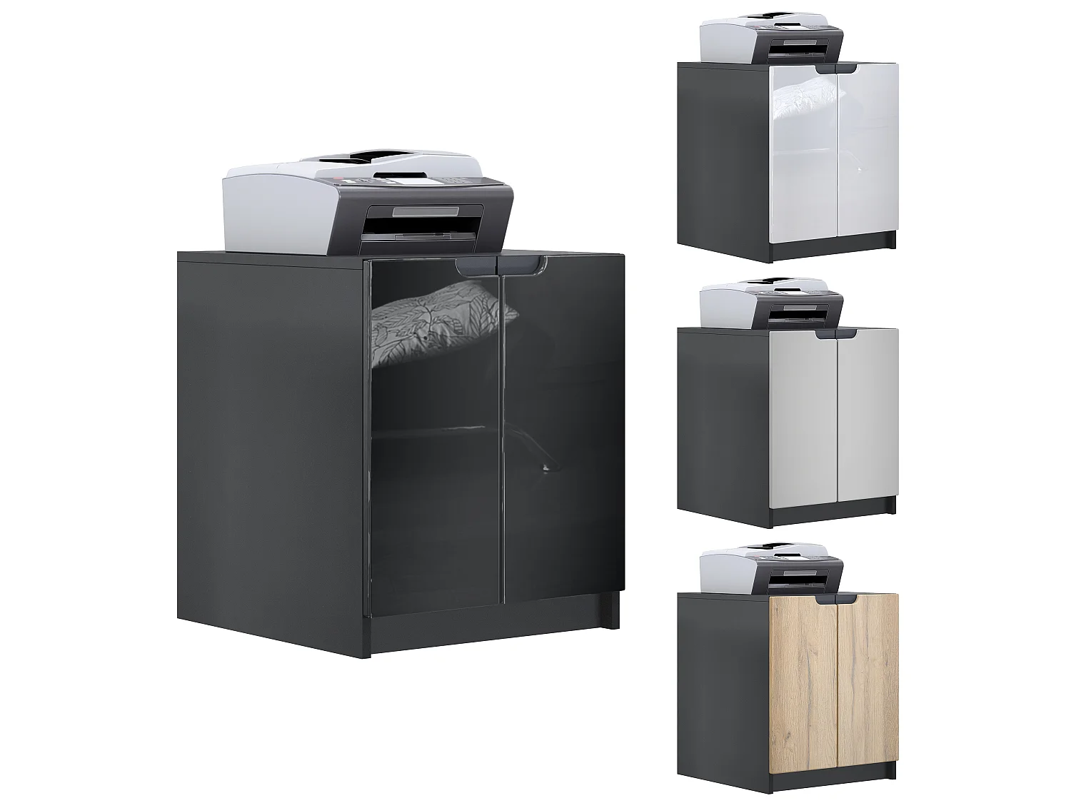Mobiletto porta stampante Logan, armadietto schedario con 2 scomparti e 2 ante, cassa nero opaco, frontali rovere naturale, (51 x 60,5 x 54 cm)