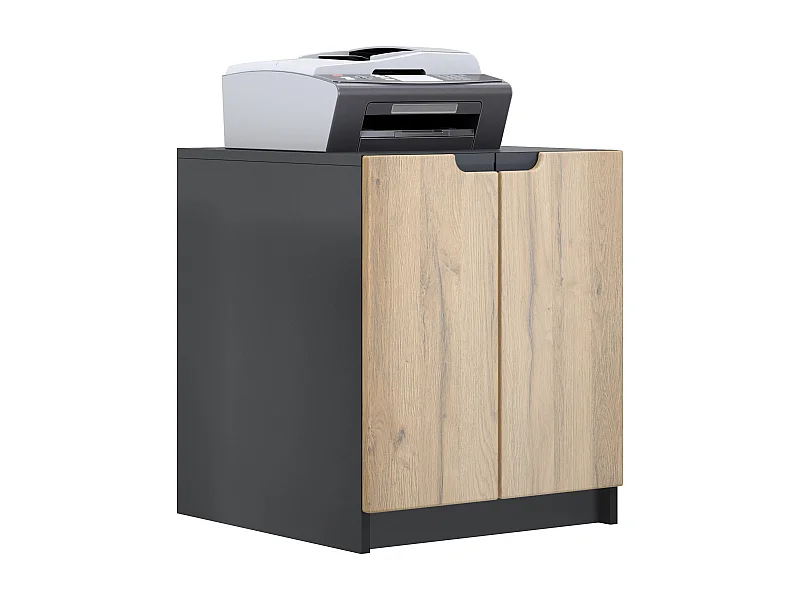 commode d'imprimante Logan, armoire à dossiers avec 2 compartiments et 2 portes, corps noir mat, façades chêne nature, (51 x 60,5 x 54 cm)