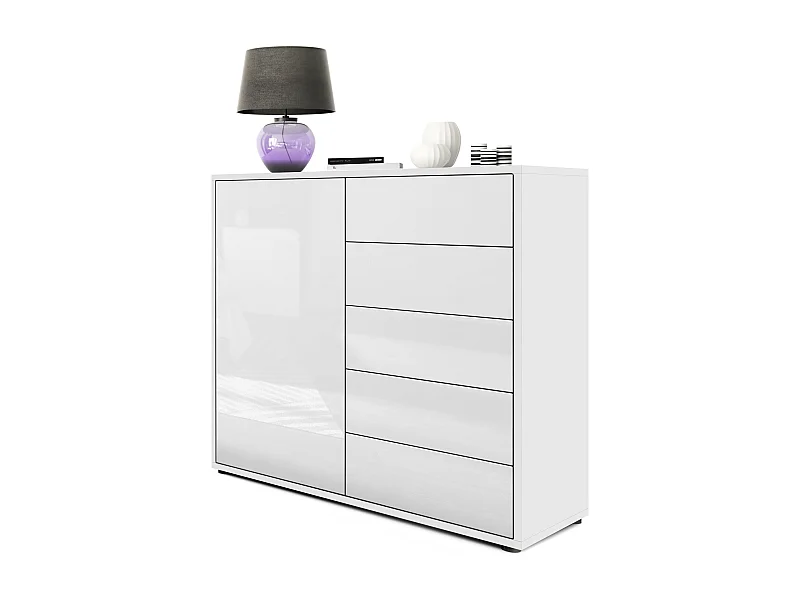 Buffet Ben V2, Commode avec 1 portes et 5 tiroirs, Blanc mat/Blanc haute brillance (79 x 74 x 36 cm)