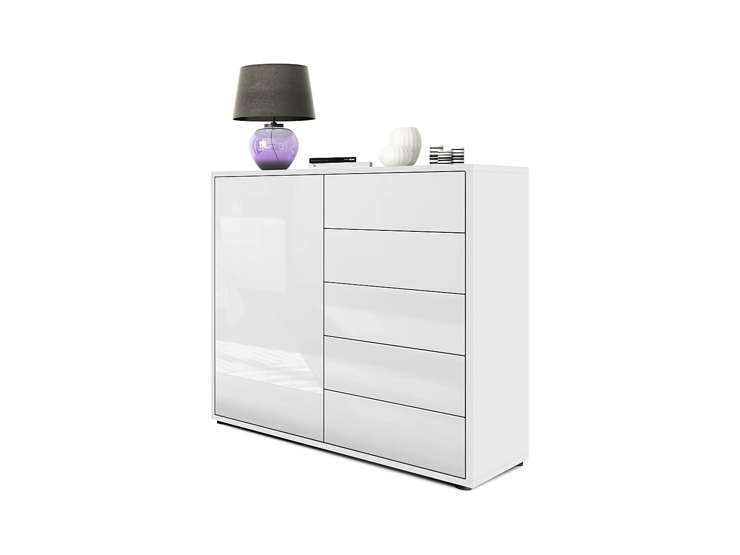 Buffet Ben V2, Commode avec 1 portes et 5 tiroirs, Blanc mat/Blanc haute brillance (79 x 74 x 36 cm)