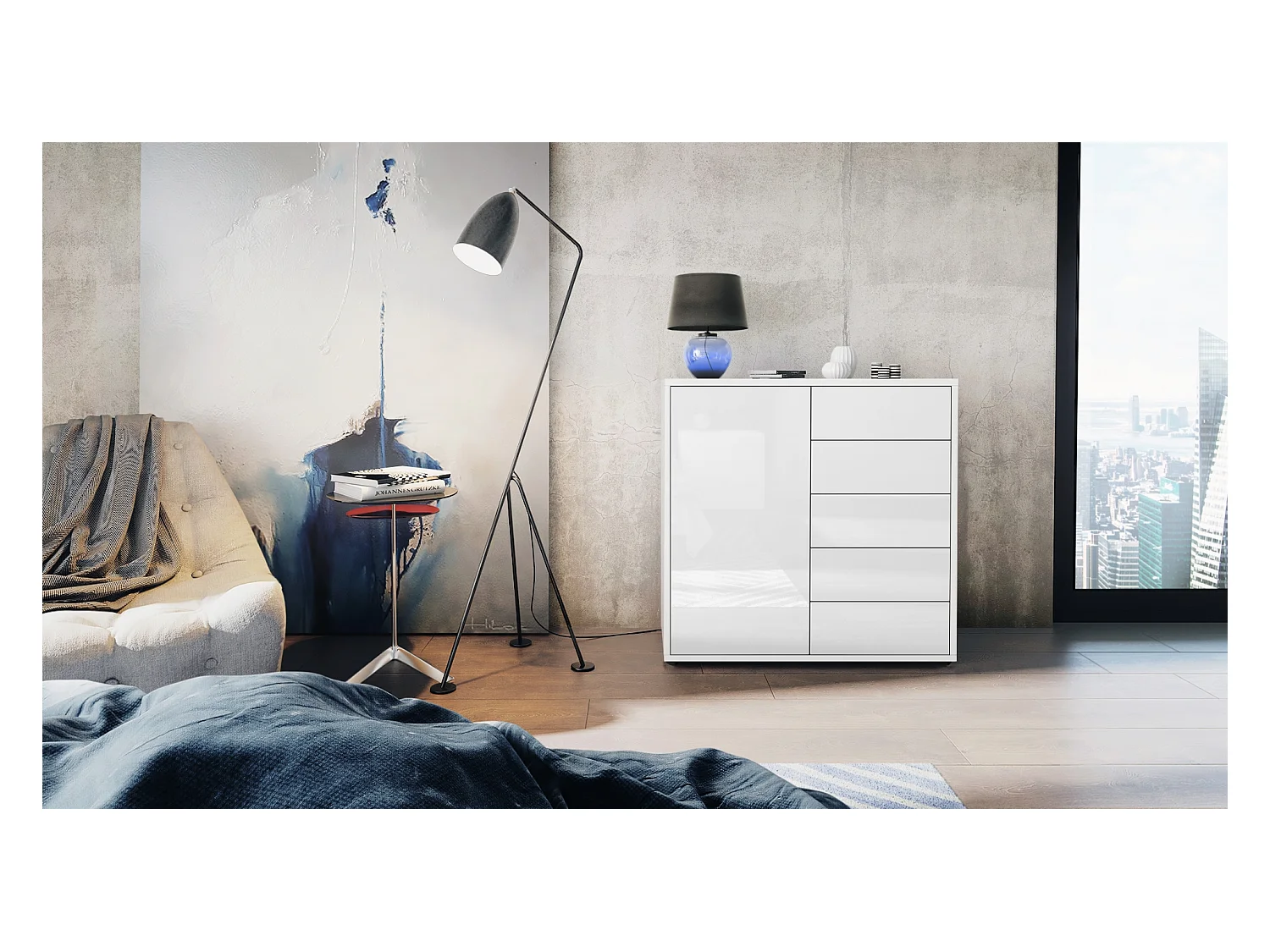 Buffet Ben V2, Commode avec 1 portes et 5 tiroirs, Blanc mat/Blanc haute brillance (79 x 74 x 36 cm)