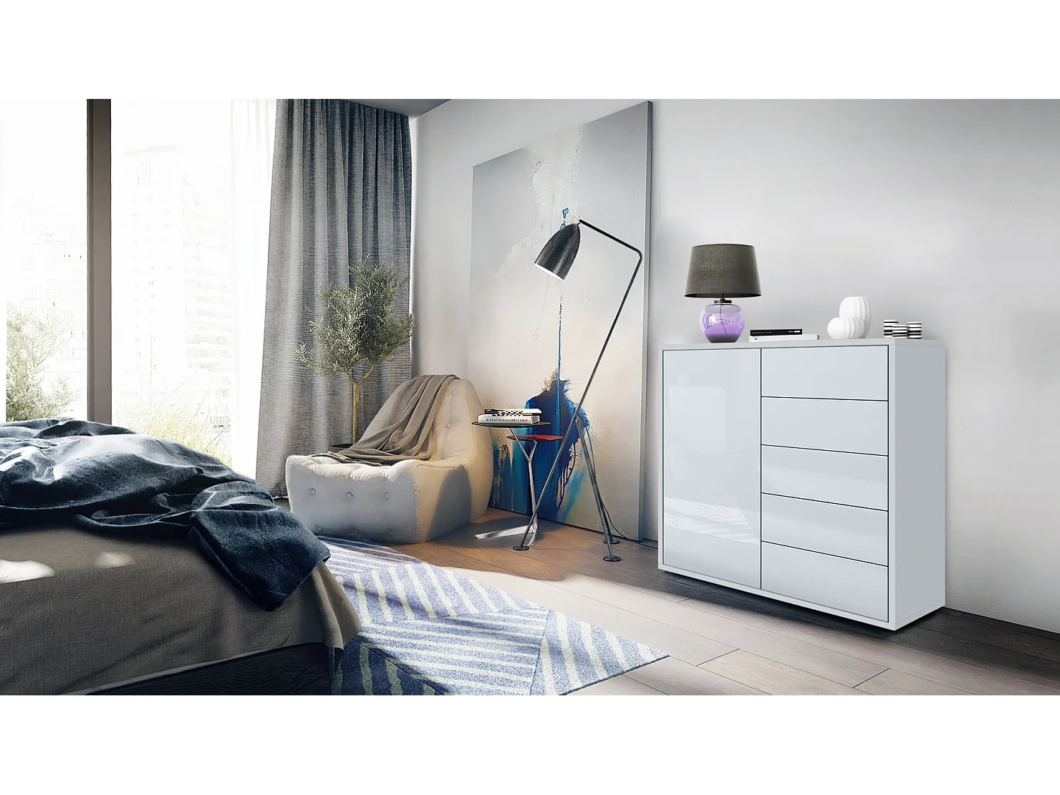 Madia  Ben V2, mobile con 1 anta e 5 cassetti, bianco opaco/bianco lucido (79 x 74 x 36 cm)