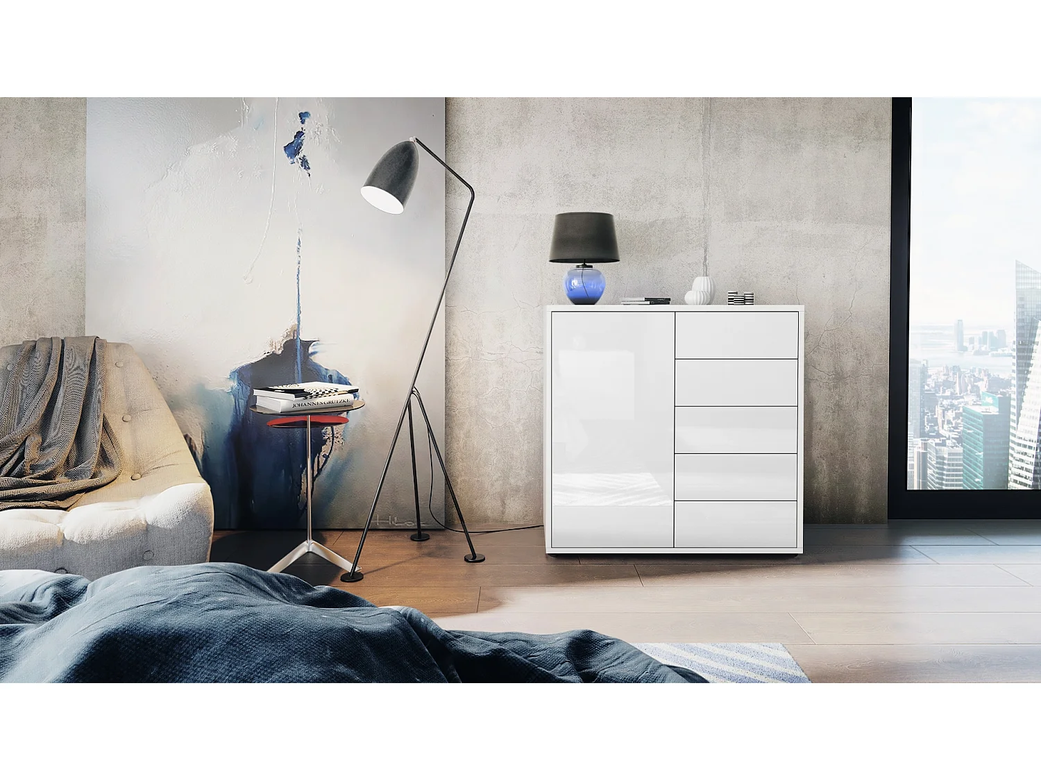 Madia  Ben V2, mobile con 1 anta e 5 cassetti, bianco opaco/bianco lucido (79 x 74 x 36 cm)