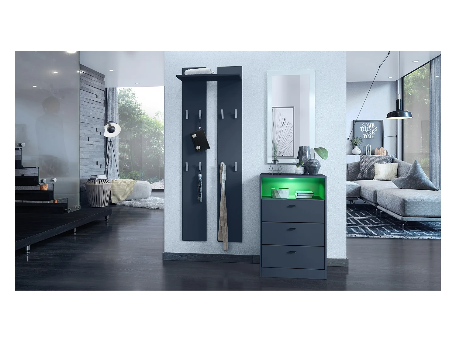 Commode Buffet Pino V2, avec 3 tiroirs & 1 compartiment ouvert, Anthracite mat /undefined avec éclairage LED RVB (56 x 86,5 x 36 cm)