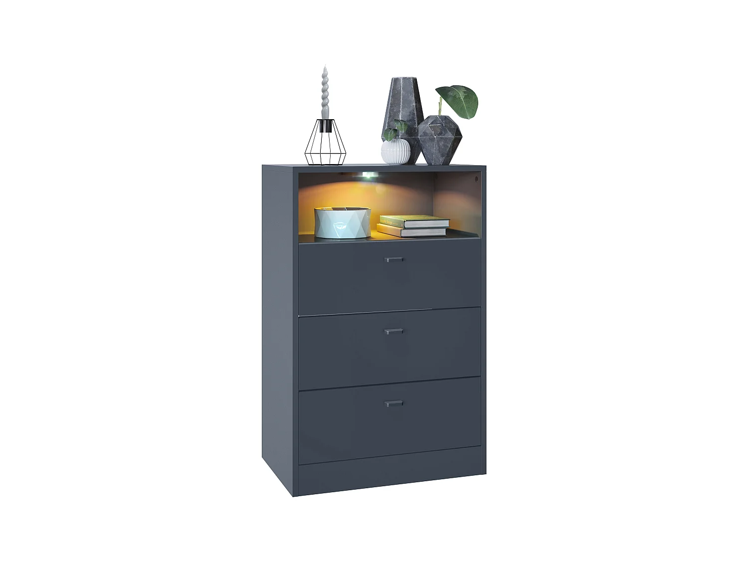 Commode Buffet Pino V2, avec 3 tiroirs & 1 compartiment ouvert, Anthracite mat /undefined avec éclairage LED RVB (56 x 86,5 x 36 cm)