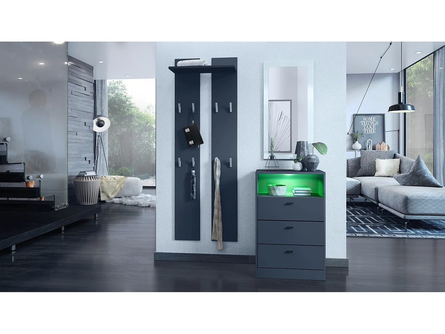 Cassettiera Pino V2, Credenza con 3 cassetti e 1 vano a giorno, antracite/non definito con LED RGB (56 x 86,5 x 36 cm)