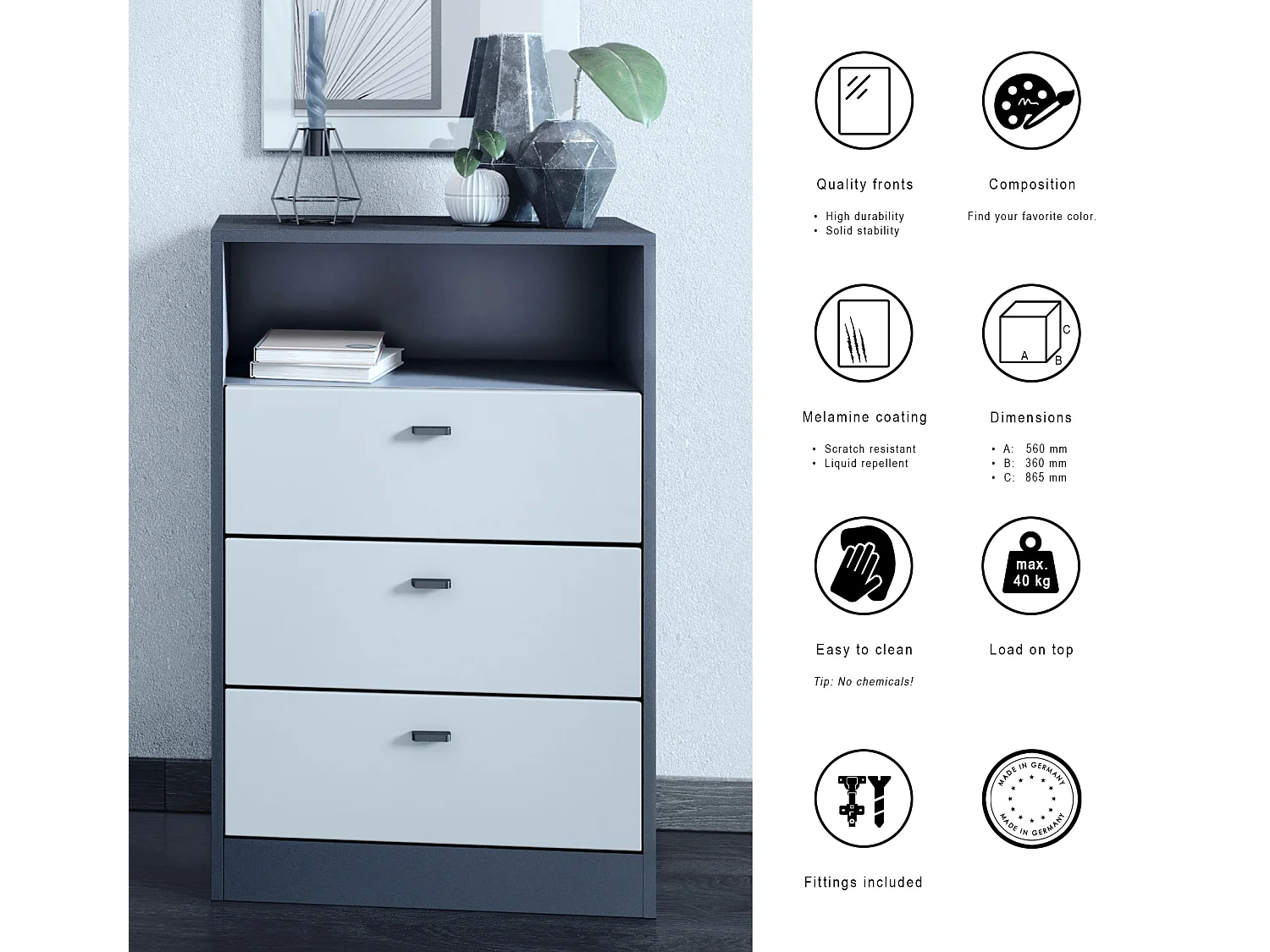 Cassettiera Pino V2, Credenza con 3 cassetti e 1 vano a giorno, antracite/non definito con LED RGB (56 x 86,5 x 36 cm)