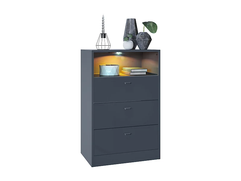 Commode Buffet Pino V2, avec 3 tiroirs & 1 compartiment ouvert, Anthracite mat /undefined avec éclairage LED RVB (56 x 86,5 x 36 cm)