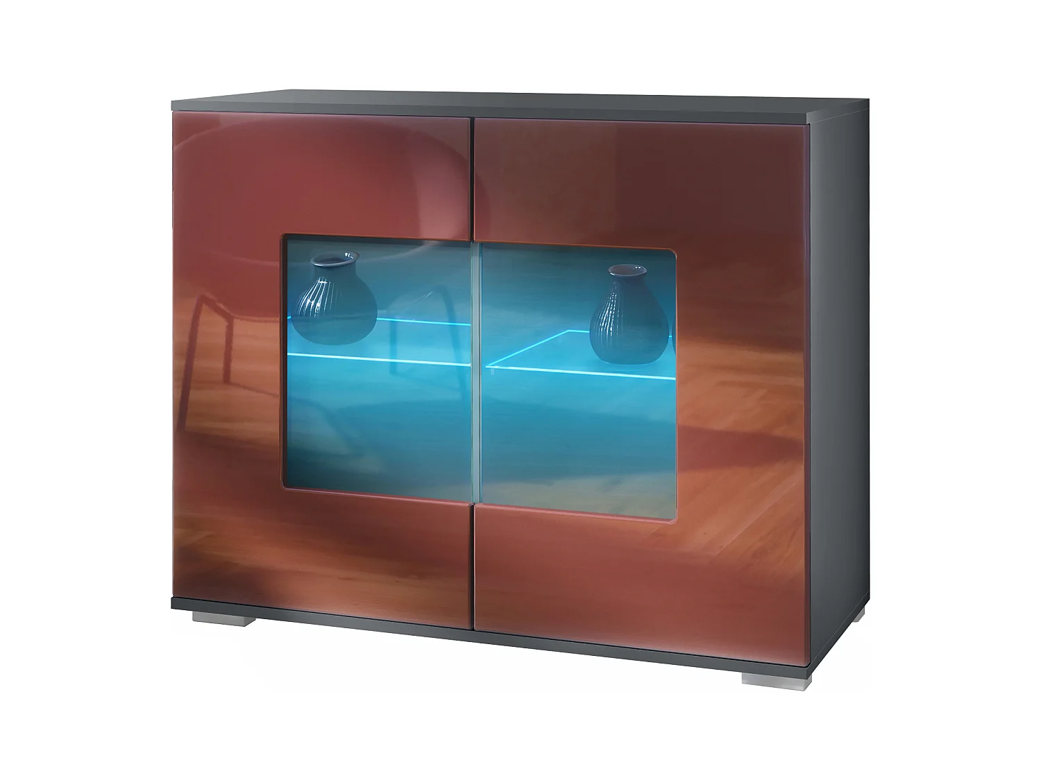 Commode Grömitz V3, Armoire de cuisine moderne avec 2 grandes portes vitrées incl. éclairage RGB anthracite mat / bordeaux haute brillance (92,5 x 75.5 x 35)