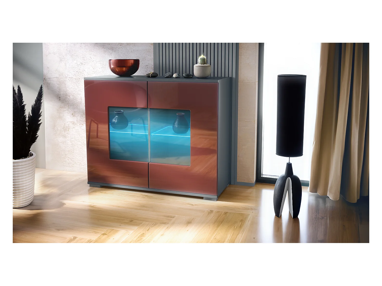 Commode Grömitz V3, Armoire de cuisine moderne avec 2 grandes portes vitrées incl. éclairage RGB anthracite mat / bordeaux haute brillance (92,5 x 75.5 x 35)