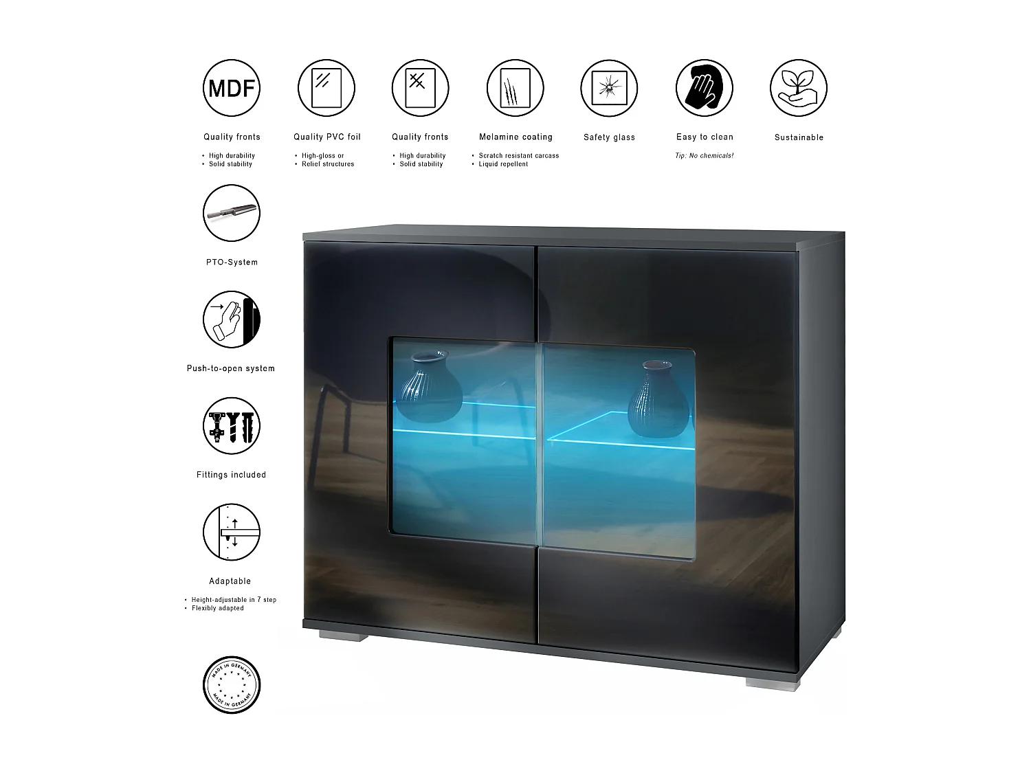 Cómoda Grömitz V3, Moderno armario de cocina con 2 grandes puertas de cristal incl. iluminación RGB antracita mate / burdeos de alto brillo (92,5 x 75.5 x 35)