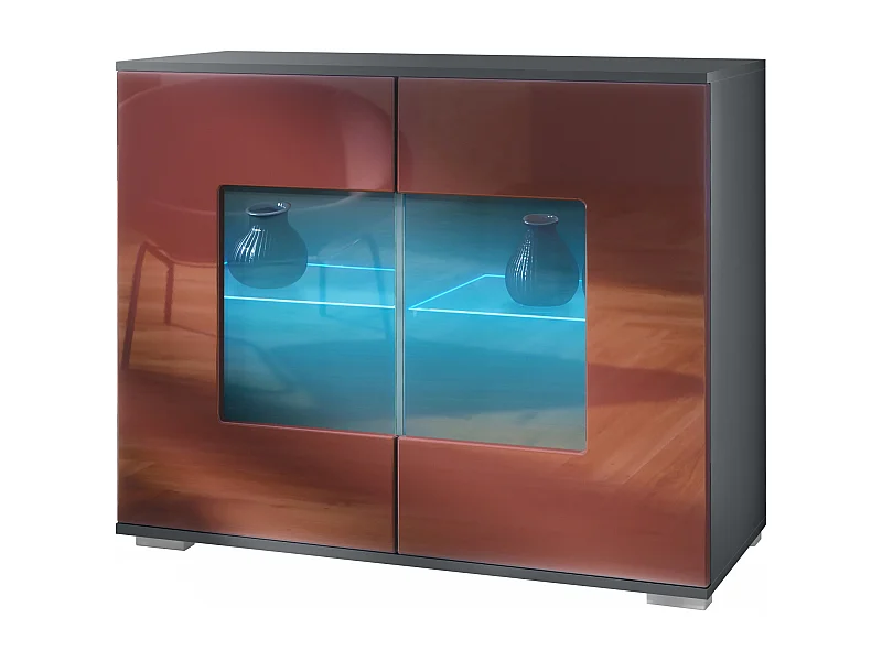 Commode Grömitz V3, Armoire de cuisine moderne avec 2 grandes portes vitrées incl. éclairage RGB anthracite mat / bordeaux haute brillance (92,5 x 75.5 x 35)