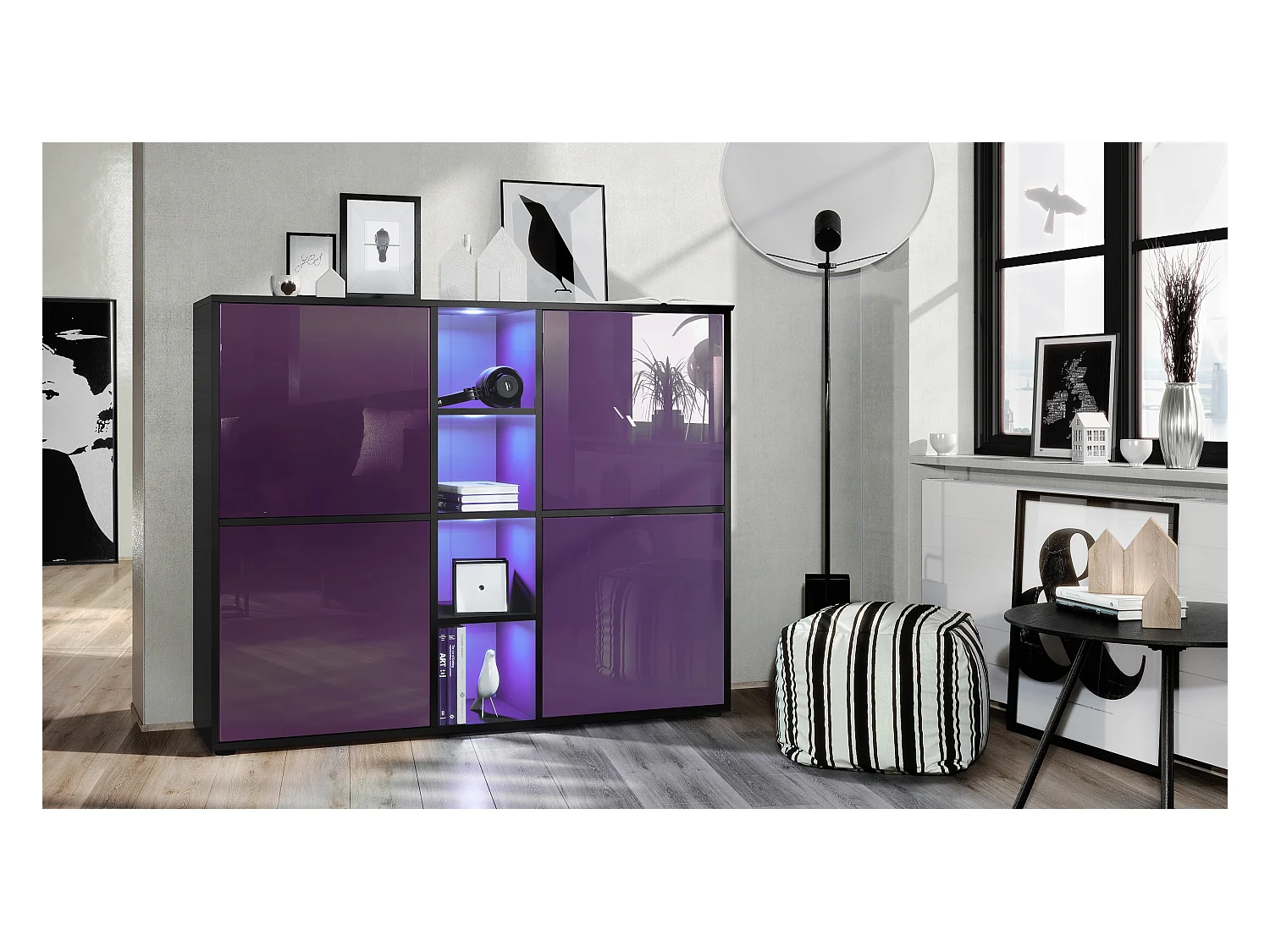 Highboard Cuba V3, noir mat/mûre haute brillance y compris LED - Buffet moderne à 12 compartiments (130,5 x 105,5 x 35,5 cm)