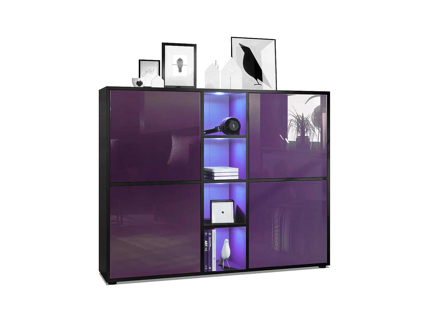 Highboard Cuba V3, noir mat/mûre haute brillance y compris LED - Buffet moderne à 12 compartiments (130,5 x 105,5 x 35,5 cm)