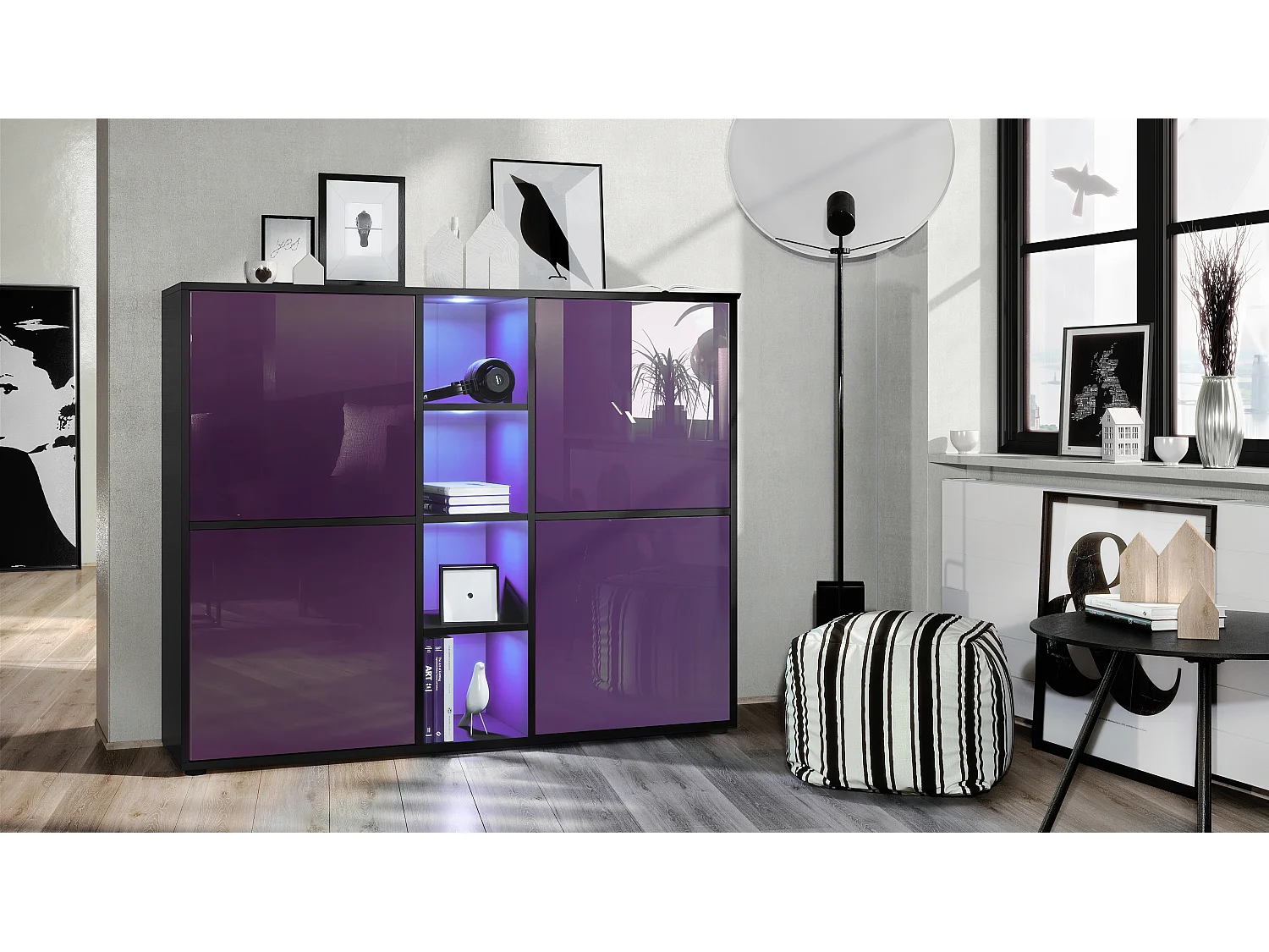 Highboard Cuba V3, noir mat/mûre haute brillance y compris LED - Buffet moderne à 12 compartiments (130,5 x 105,5 x 35,5 cm)