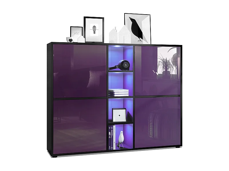 Highboard Cuba V3, noir mat/mûre haute brillance y compris LED - Buffet moderne à 12 compartiments (130,5 x 105,5 x 35,5 cm)