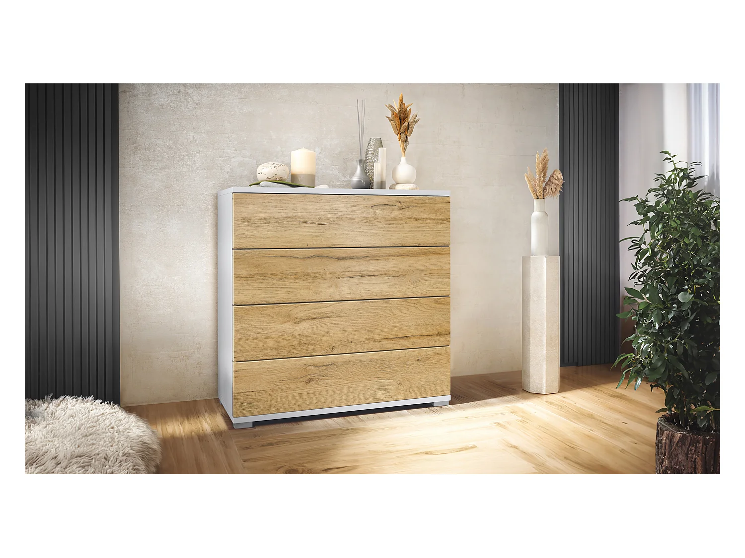 Commode  Pavos V3, Buffet avec 4 tiroirs blanc mat/chêne nature (76 x 76 x 35 cm)