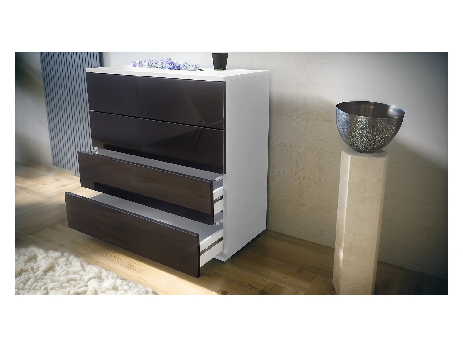 Commode  Pavos V3, Buffet avec 4 tiroirs blanc mat/chêne nature (76 x 76 x 35 cm)