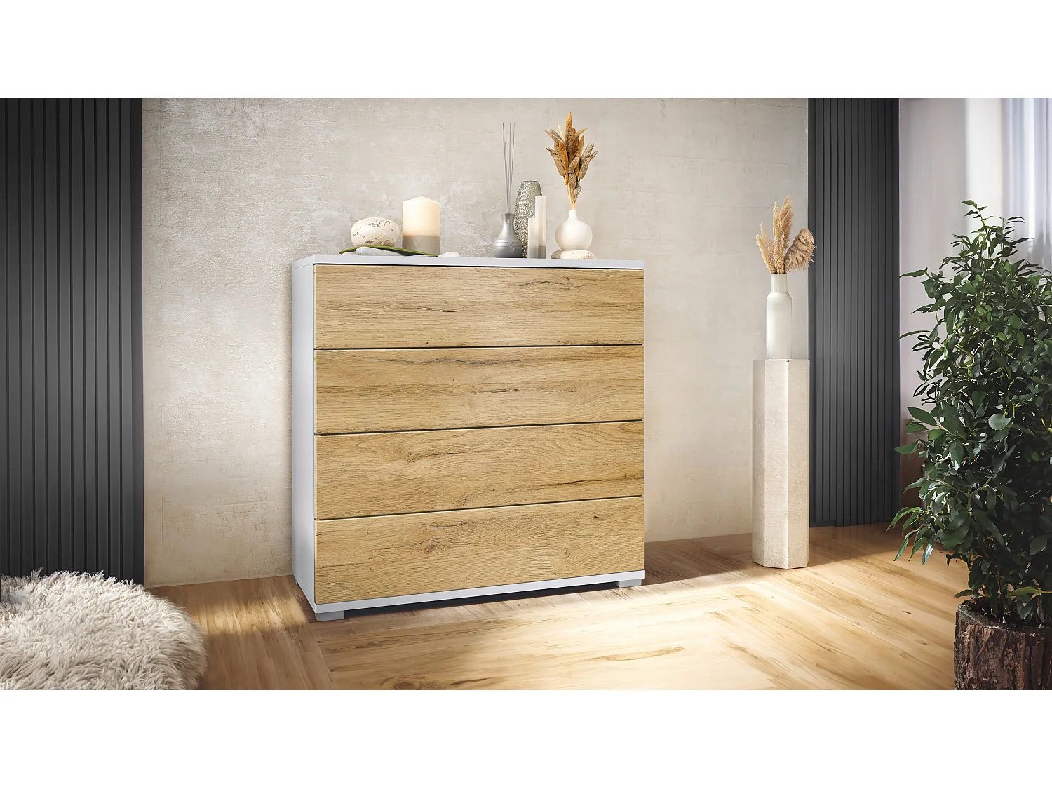 Vladon Cassettiera Pavos V3, Credenza con 4 cassetti bianco opaco/rovere naturale (76 x 76 x 35 cm)