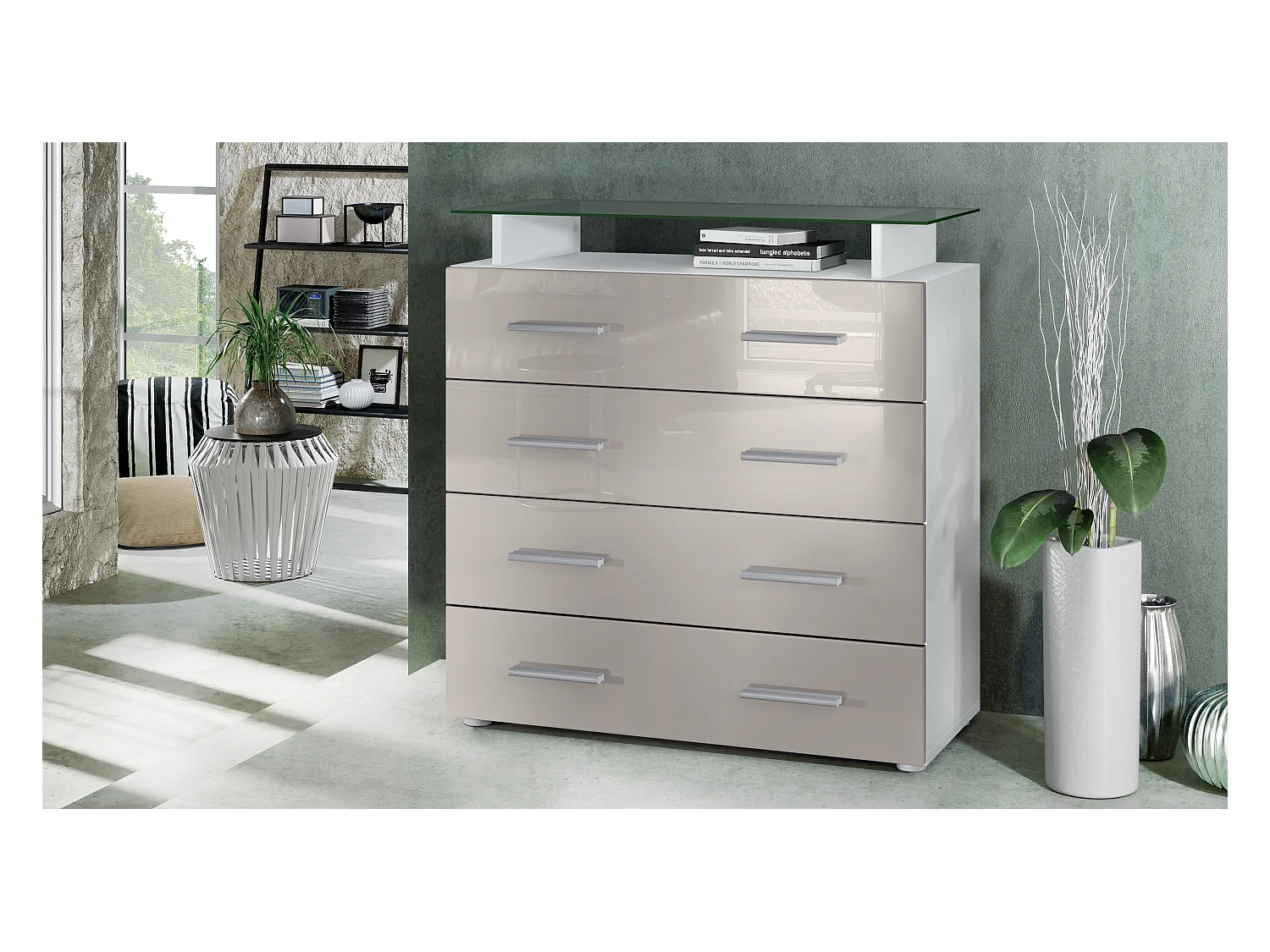 Buffet Pavos V2, Commode avec 4 tiroirs et mini-étagère en verre, blanc mat/gris sable haute brillance (76 x 81 x 35 cm)