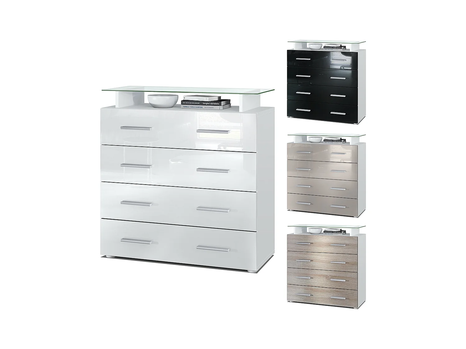 Buffet Pavos V2, Commode avec 4 tiroirs et mini-étagère en verre, blanc mat/gris sable haute brillance (76 x 81 x 35 cm)