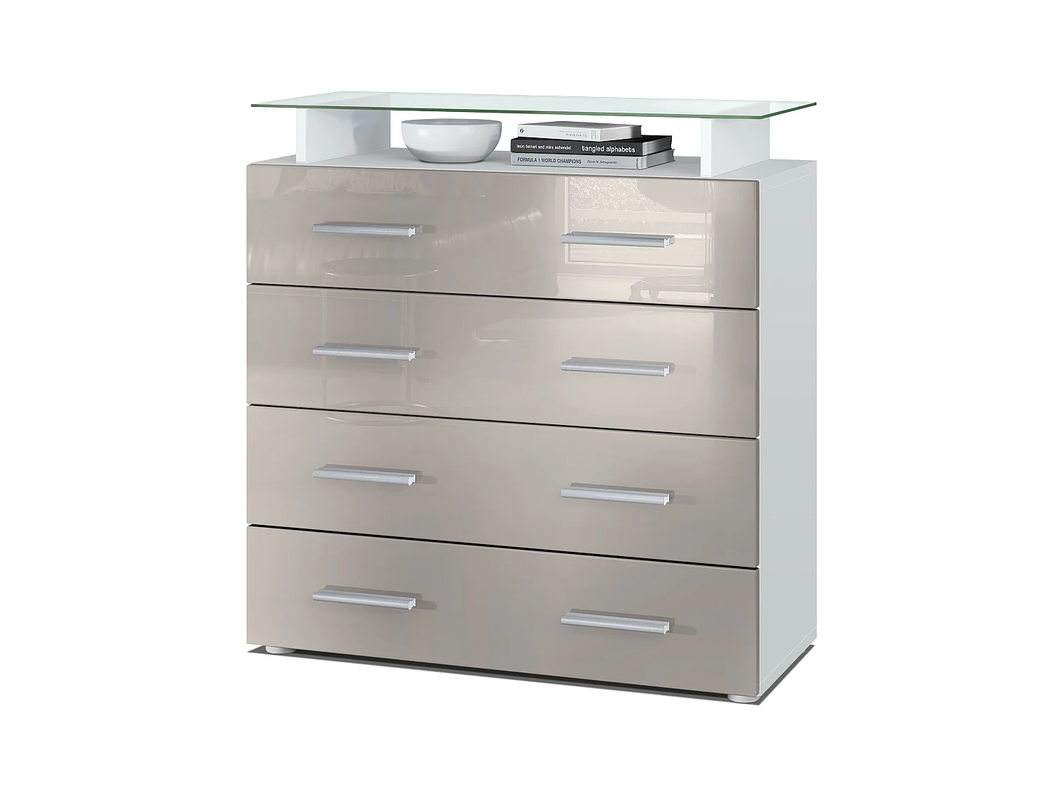 Buffet Pavos V2, Commode avec 4 tiroirs et mini-étagère en verre, blanc mat/gris sable haute brillance (76 x 81 x 35 cm)