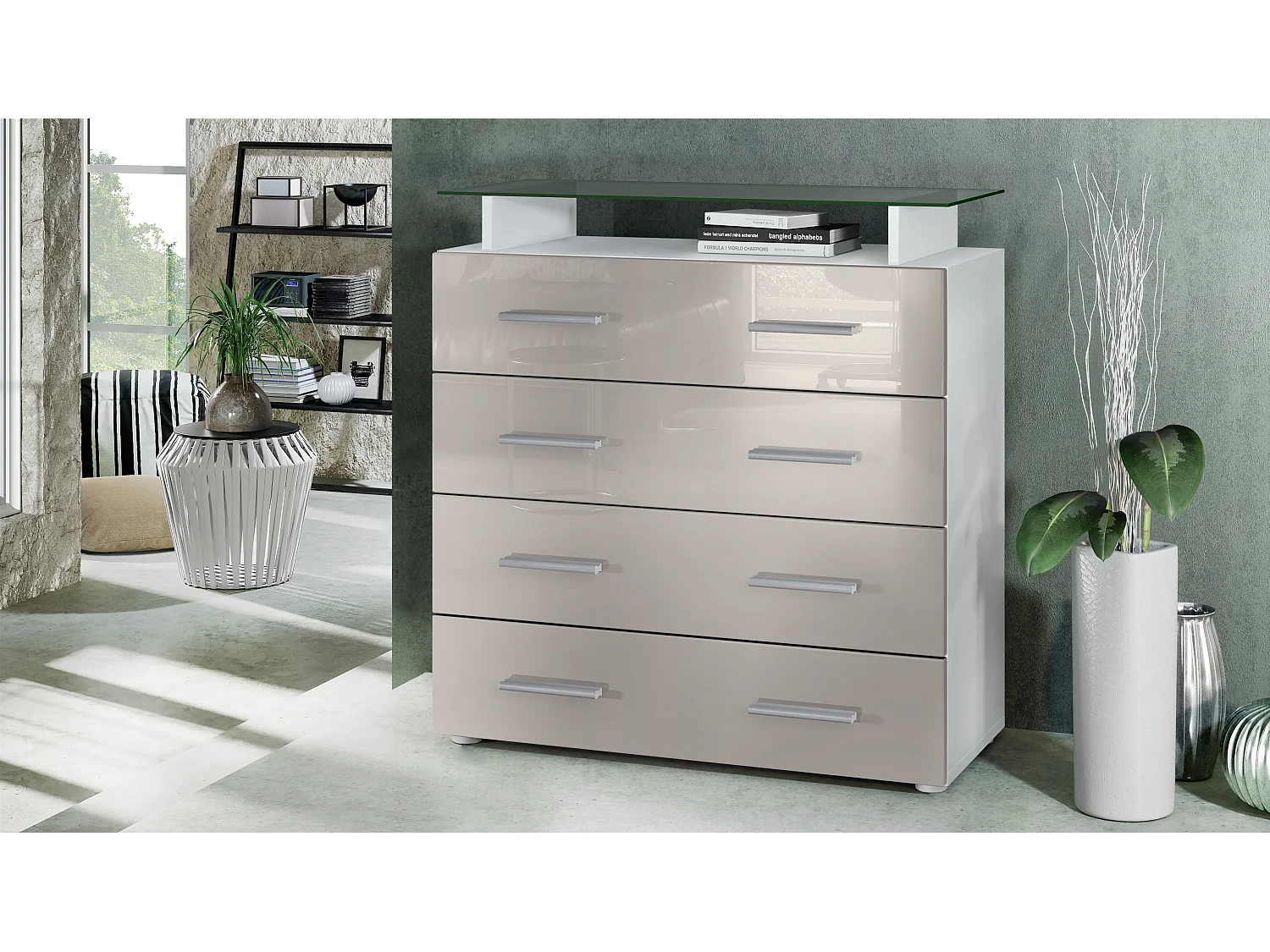 Buffet Pavos V2, Commode avec 4 tiroirs et mini-étagère en verre, blanc mat/gris sable haute brillance (76 x 81 x 35 cm)