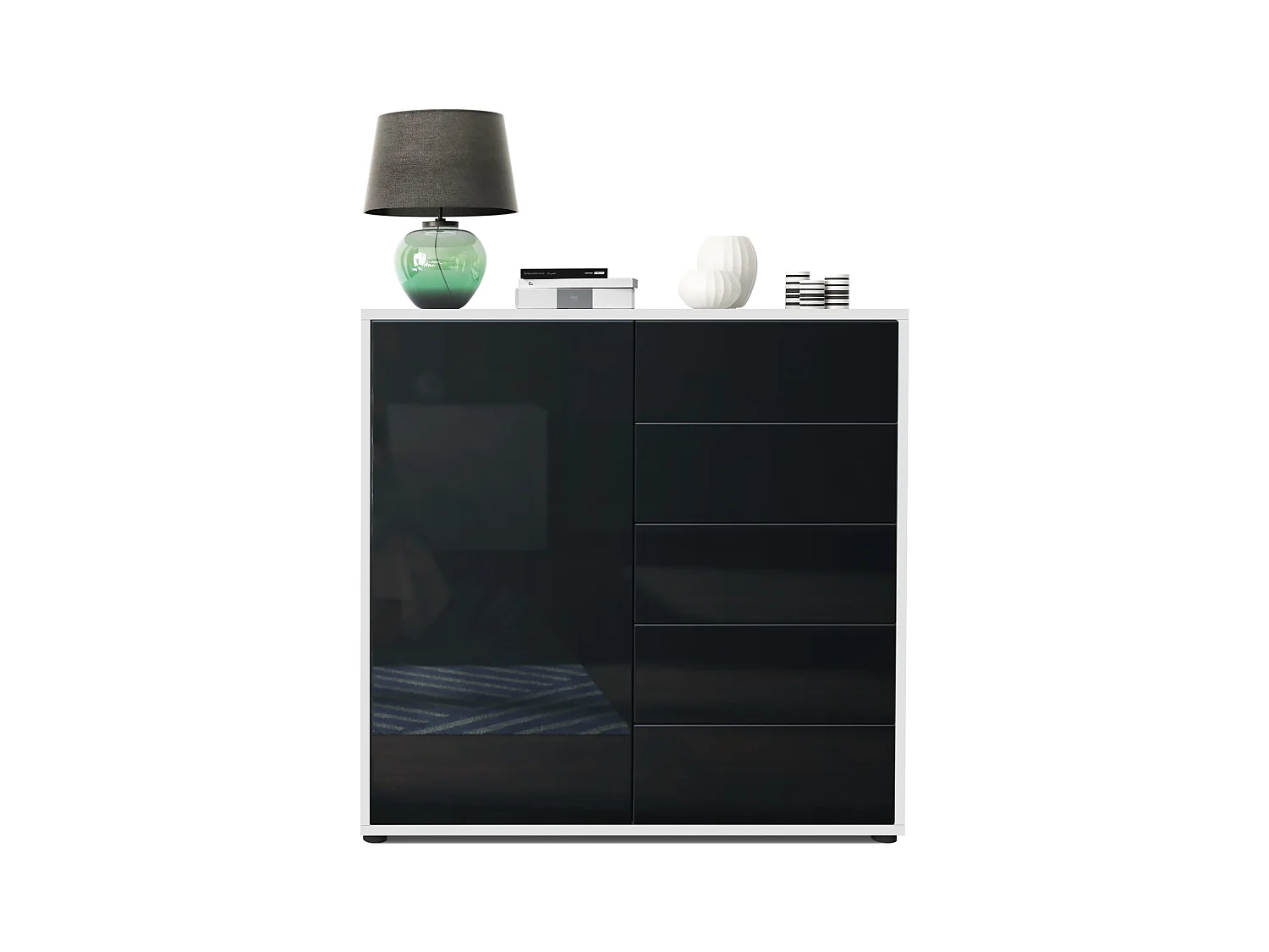 Buffet Ben V2, Commode avec 1 portes et 5 tiroirs, Blanc mat/Noir haute brillance (79 x 74 x 36 cm)