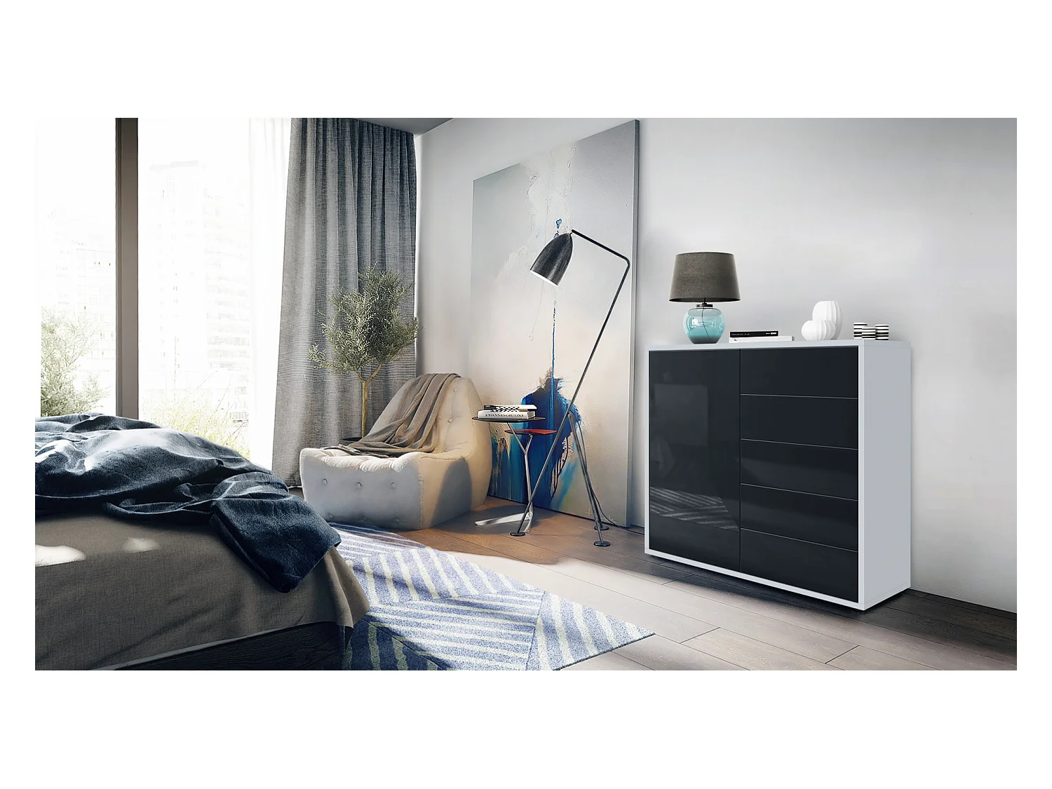 Buffet Ben V2, Commode avec 1 portes et 5 tiroirs, Blanc mat/Noir haute brillance (79 x 74 x 36 cm)